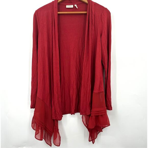 LOGO by Lori Goldstein Brick Jersey Cardigan Chiffon Ruffle Hemline Womens 2XS - Picture 1 of 12